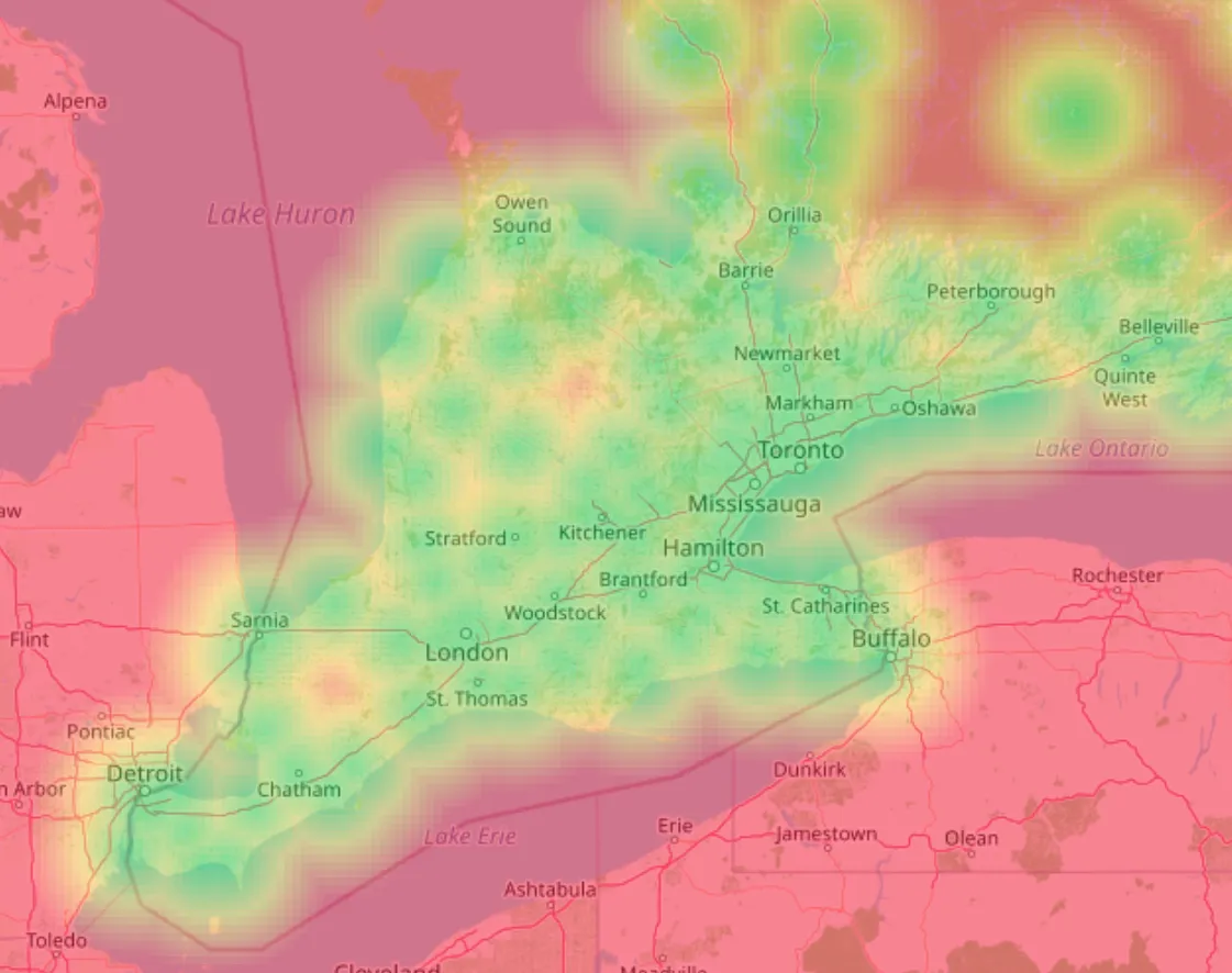 Heat map of Dollarama locations across southern Ontario